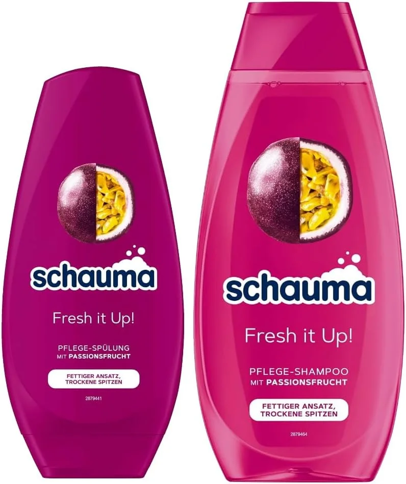 شامپو مراقبتی Schauma Fresh it Up! (۱ عدد ۴۰۰ میلی لیتر) شامپو مو برای ریشه های چرب و نوک های خشک و نرم کننده مو (۱ عدد ۲۵۰ میلی لیتر) نرم کننده مو تغذیه کننده نوک موهای آسیب دیده، پشن فروت