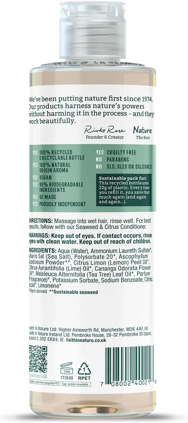 شامپو طبیعی جلبک دریایی و مرکبات Faith In Nature، سم زدا برای مو و پوست سر چرب، وگان و بدون تست حیوانی، بدون SLS، سیلیکون یا پارابن، 400 میلی لیتر