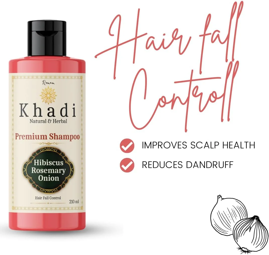 شامپو طبیعی گل بامیه، رزماری و پیاز Khadi | کنترل ریزش مو و تغذیه پوست سر | بدون سولفات، SLS و پارابن | شامپو طبیعی Khadi برای آقایان و بانوان | 210 میلی لیتر