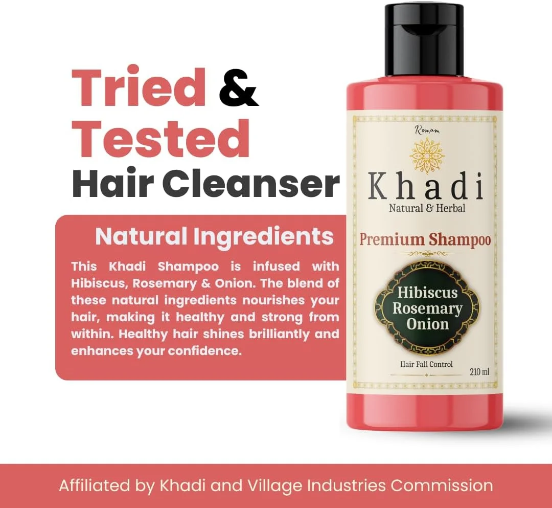 شامپو طبیعی گل بامیه، رزماری و پیاز Khadi | کنترل ریزش مو و تغذیه پوست سر | بدون سولفات، SLS و پارابن | شامپو طبیعی Khadi برای آقایان و بانوان | 210 میلی لیتر