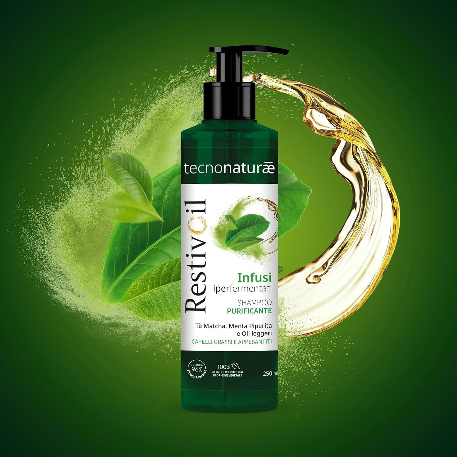 شامپو پاک کننده موهای چرب و دارای شوره سر رستیویل تکنوناتوره، حاوی روغن‌های سبک و عصاره‌های هایپرفرمنت شده، زیست تخریب پذیر، 250 میلی لیتر