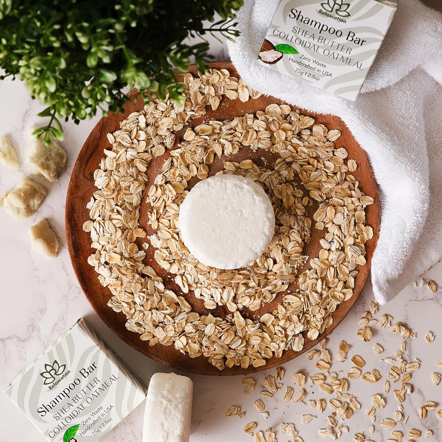 شامپو بار جامد ارگانیک ریلکسکیشن برای مو با شی باتر، آرد جو دوسر کلوئیدی، روغن نارگیل، کره کاکائو، روغن جوجوبا، روغن آرگان، بدون عطر برای پوست حساس - دست ساز در ایالات متحده آمریکا
