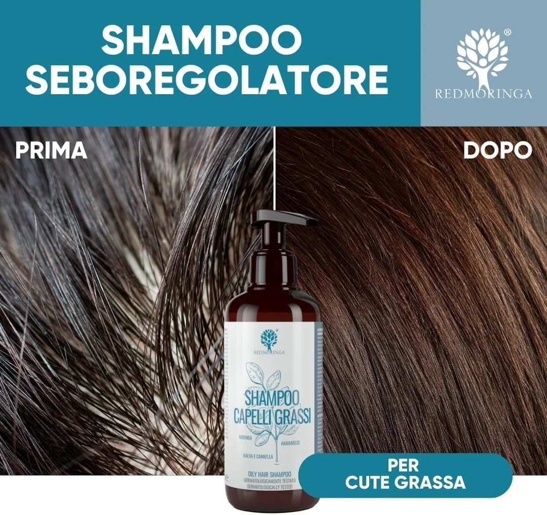 شامپو ارگانیک تنظیم کننده چربی مو برای موهای چرب، شامپو تنظیم کننده PH پوست سر چرب، 99.5% طبیعی بدون SLS ASL - حاوی مورینگا، پنیرک، دارچین - 500 میلی لیتر