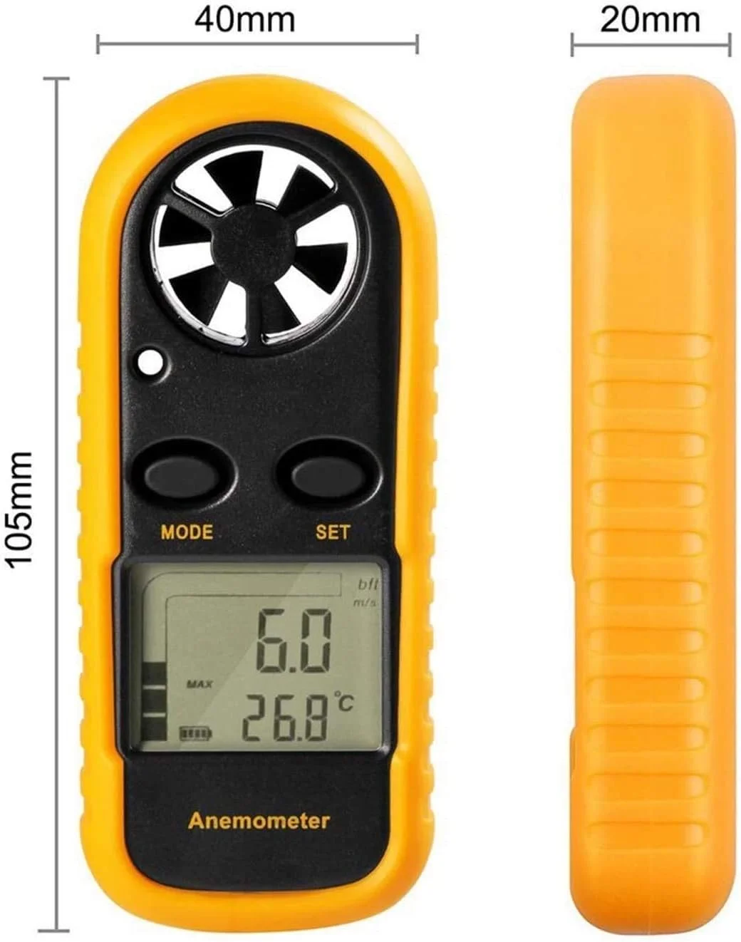 بادسنج دیجیتال دستی ZXM با صفحه نمایش LCD برای اندازه گیری سرعت باد، دما و سرمای باد (زرد+مشکی) بادسنج دیجیتال دستی ZXM با صفحه نمایش LCD برای اندازه گیری سرعت باد، دما و سرمای باد (زرد+مشکی)