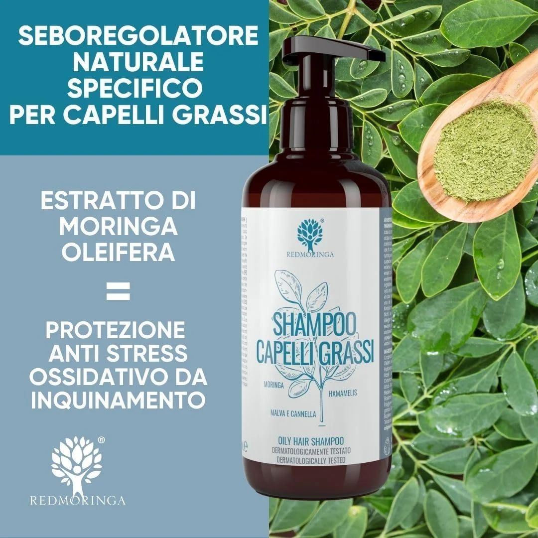 شامپو ارگانیک تنظیم کننده چربی مو برای موهای چرب، شامپو تنظیم کننده PH پوست سر چرب، 99.5% طبیعی بدون SLS ASL - حاوی مورینگا، پنیرک، دارچین - 500 میلی لیتر