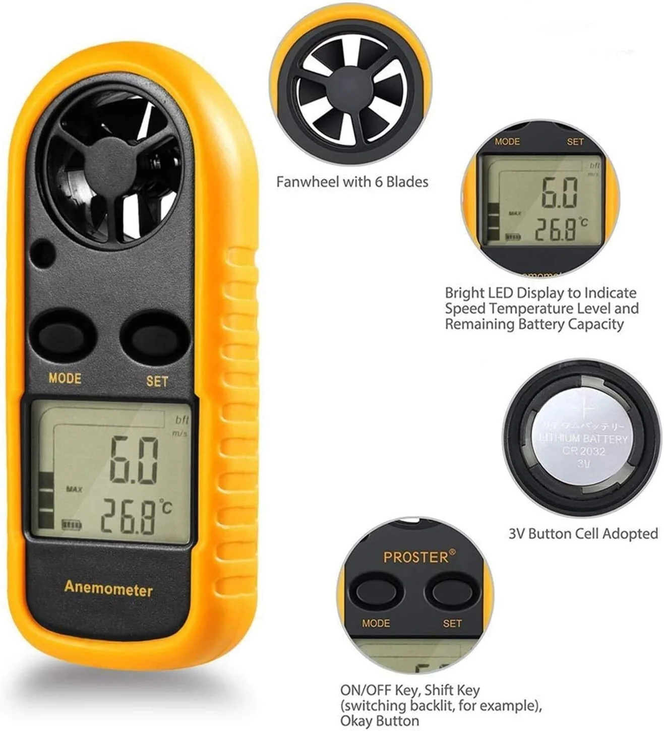 بادسنج دیجیتال دستی ZXM با صفحه نمایش LCD برای اندازه گیری سرعت باد، دما و سرمای باد (زرد+مشکی) بادسنج دیجیتال دستی ZXM با صفحه نمایش LCD برای اندازه گیری سرعت باد، دما و سرمای باد (زرد+مشکی)