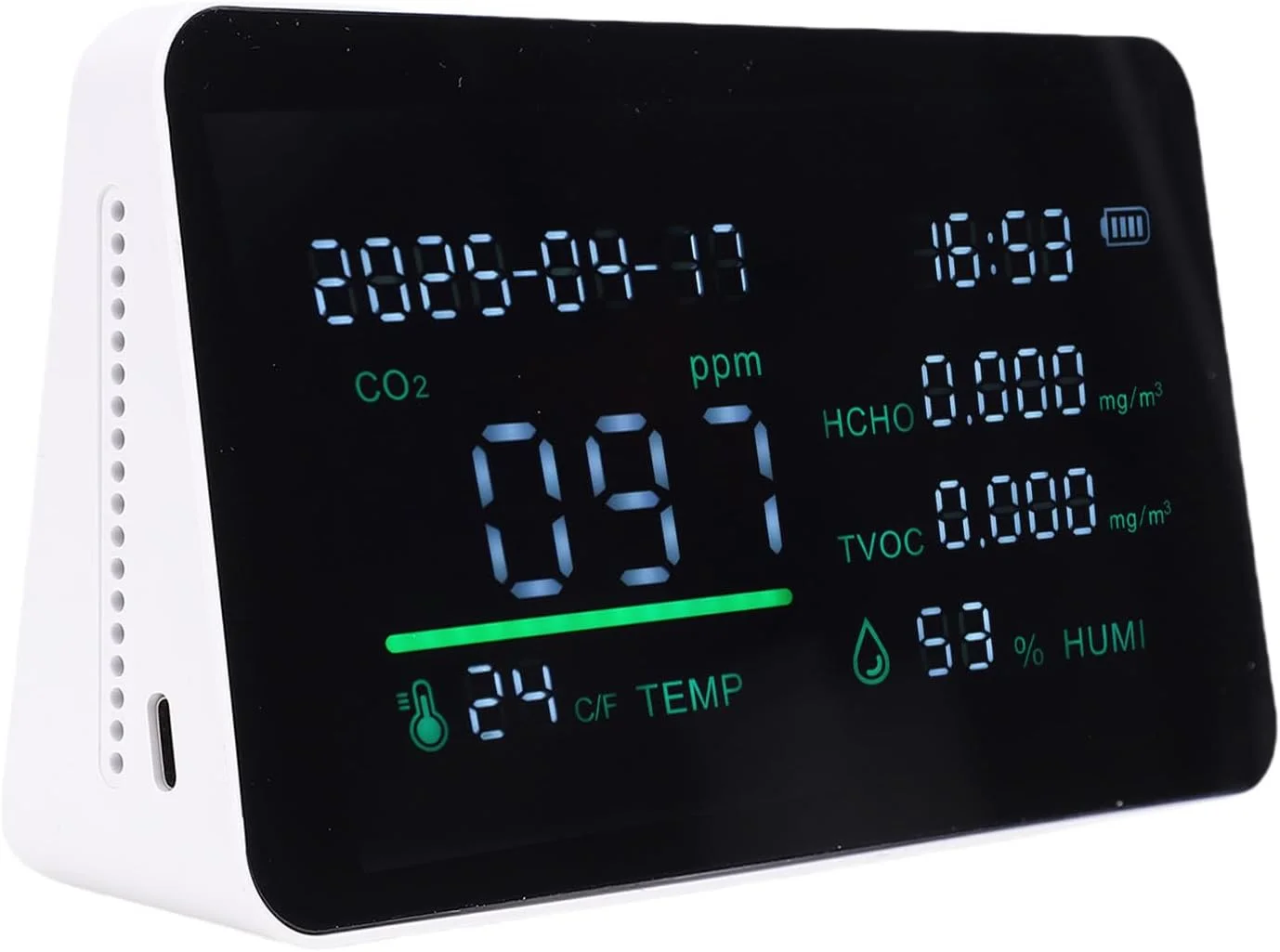 دستگاه تشخیص کیفیت Zhjvihx، دستگاه تست کیفیت داخلی 7 در 1 برای اتاق نشیمن، زیرزمین، گلخانه، کارگاه با یادآوری تاریخ و زمان، کابل شارژ و تهویه قابل مشاهده