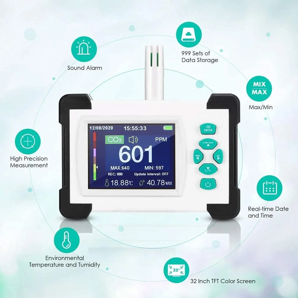 دستگاه تشخیص کیفیت هوا ZXM، سنجش دما/رطوبت با قابلیت خروجی داده PDF و سنسور با دقت بالا 0-9999ppm