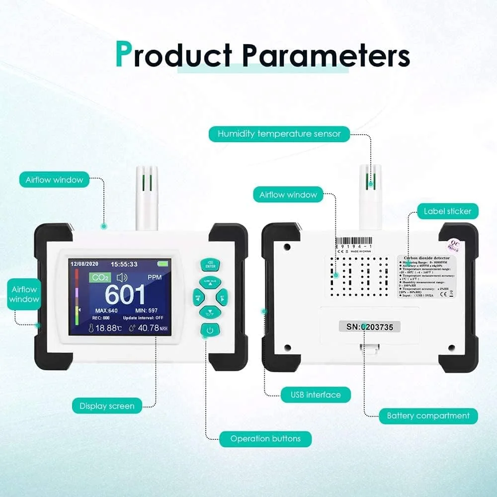 دستگاه تشخیص کیفیت هوا ZXM، سنجش دما/رطوبت با قابلیت خروجی داده PDF و سنسور با دقت بالا 0-9999ppm