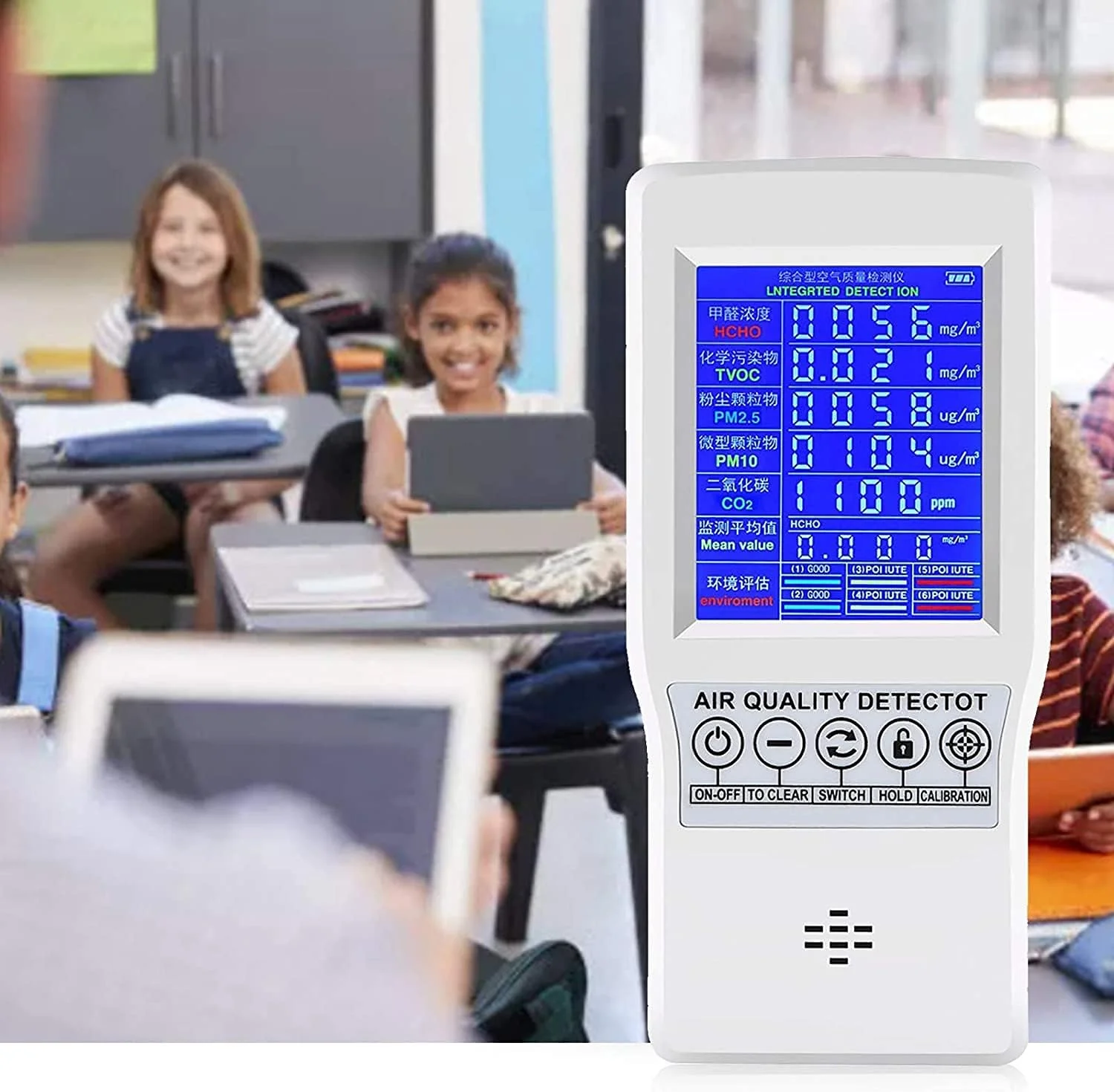 دستگاه تشخیص دی اکسید کربن 5 در 1 ZXM، مانیتور کیفیت هوا، سنسور، تستر؛ تشخیص و تست آلودگی داخلی، PM2.5، PM10، TVOC، فرمالدئید، CO2