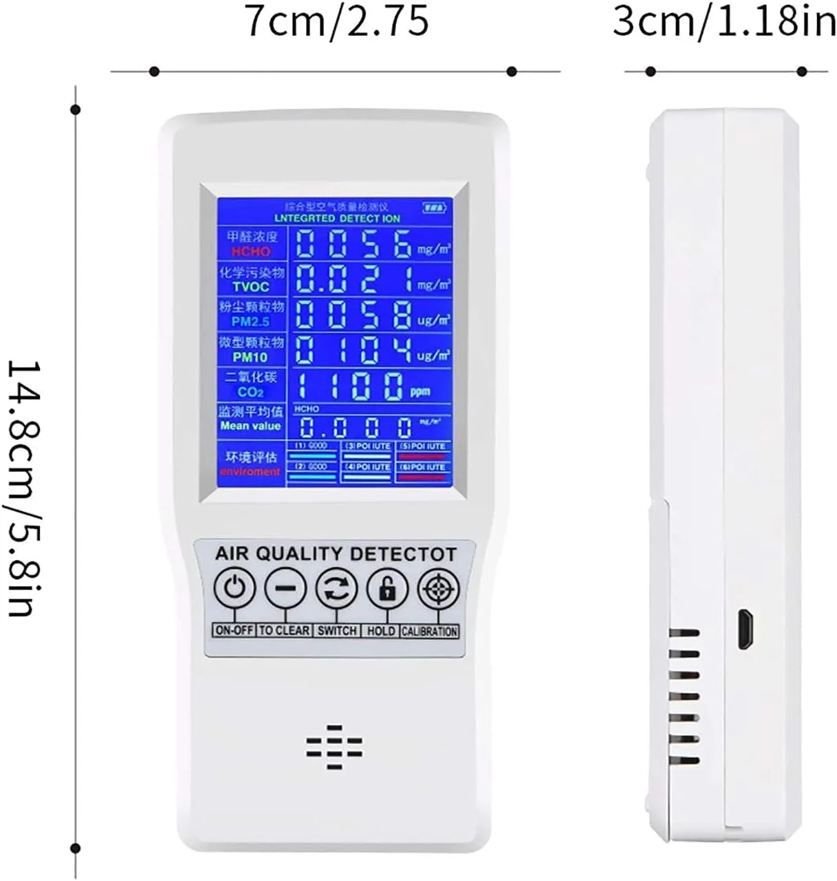 دستگاه تشخیص دی اکسید کربن 5 در 1 ZXM، مانیتور کیفیت هوا، سنسور، تستر؛ تشخیص و تست آلودگی داخلی، PM2.5، PM10، TVOC، فرمالدئید، CO2
