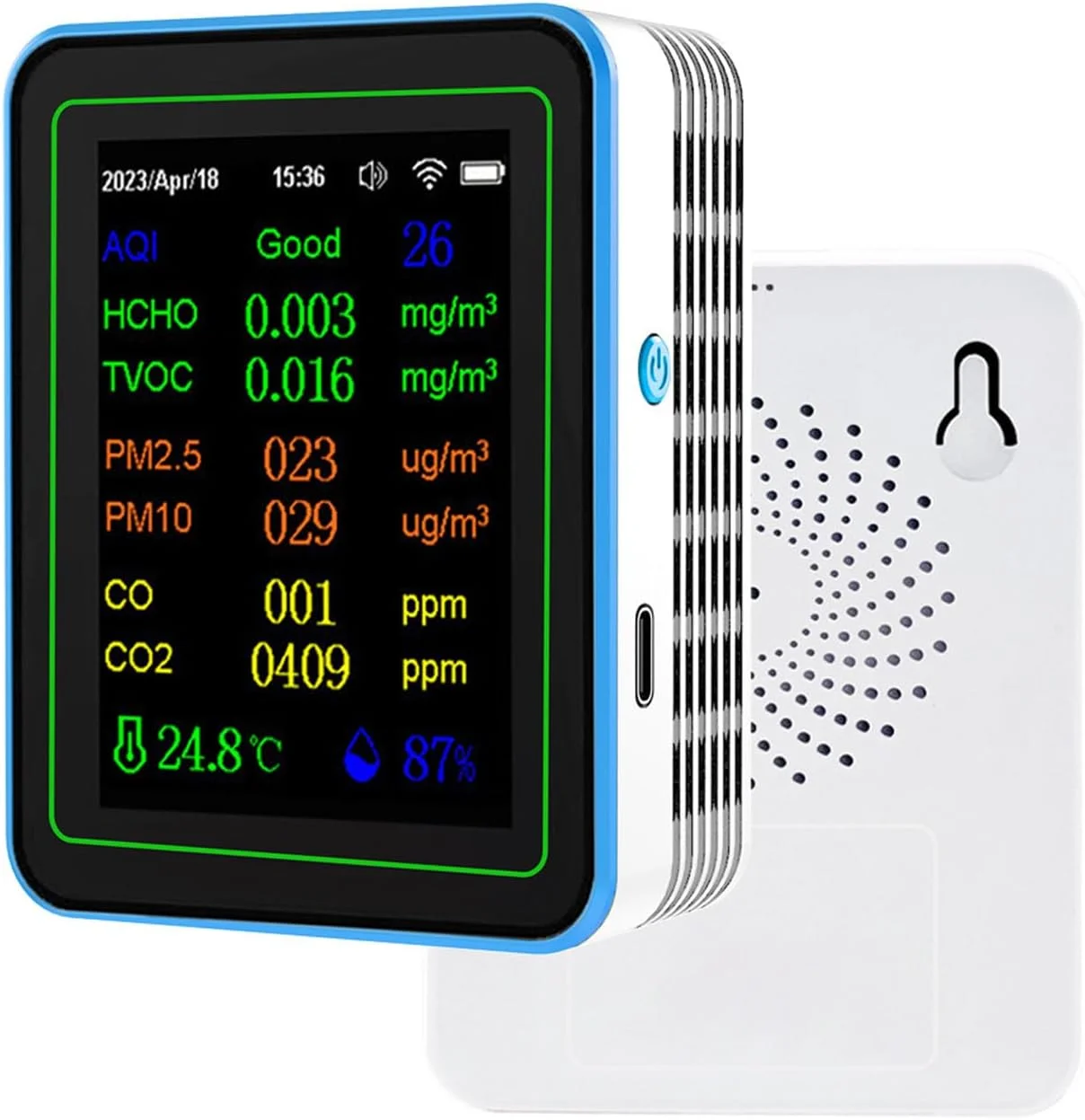 دستگاه سنجش کیفیت 12 در 1 Zhjvihx، تستر کیفیت داخلی با قابلیت اتصال به وای فای و اپلیکیشن، نمایش لحظه ای PM2.5 PM10 CO2 TVOC HCHO دما و رطوبت مناسب برای خانه، دفتر و خودرو (سفید و آبی) دستگاه سنجش کیفیت 12 در 1 Zhjvihx، تستر کیفیت داخلی با قابلیت اتصال به وای فای و اپلیکیشن، نمایش لحظه ای PM2.5 PM10 CO2 TVOC HCHO دما و رطوبت مناسب برای خانه، دفتر و خودرو (سفید و آبی)
