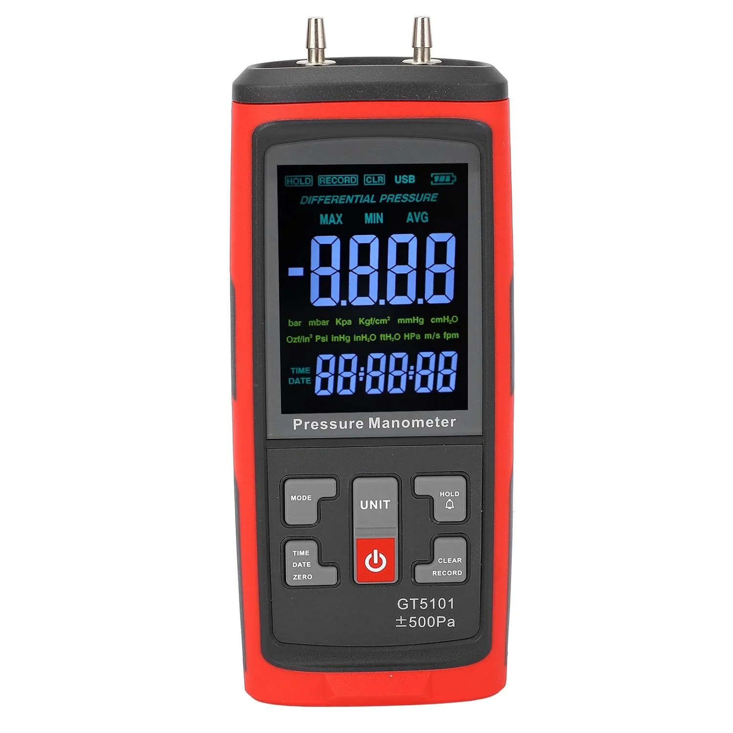 مانومتر دیجیتال Zhjvihx، فشارسنج هوا با صفحه نمایش LCD دارای نور پس زمینه 4.45cm X 4.95cm، پورت های دوگانه دیفرانسیل برای کالیبراسیون اندازه گیری گاز، تست آزمایشگاهی HVAC