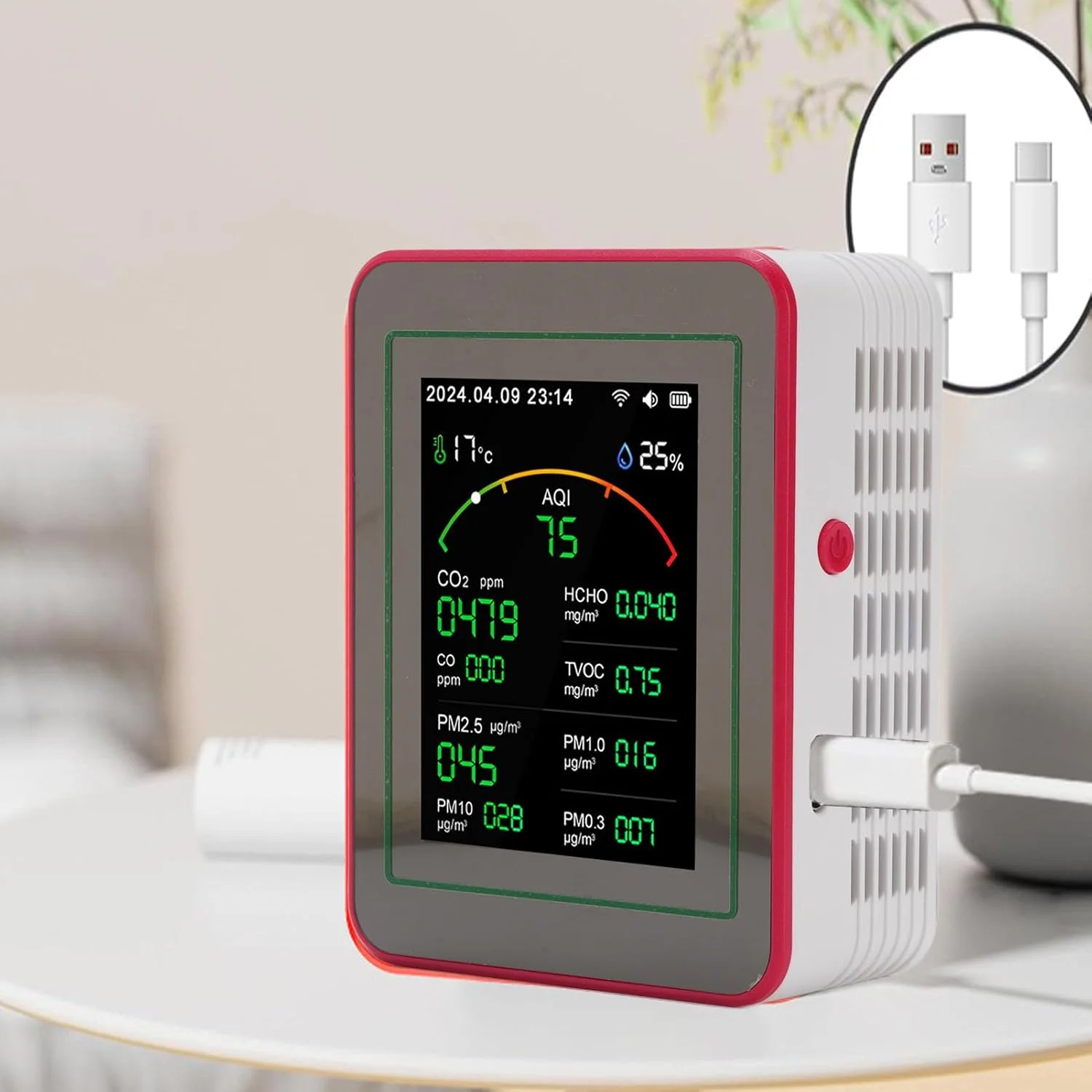 تستر کیفیت Zhjvihx، مانیتور کیفیت صفحه نمایش HD 2.8 اینچی 15 در 1 WIFI قابل حمل با PM0.3 PM1.0 PM2.5 PM10 CO2 HCHO TVOC دما رطوبت برای خانه دفتر کار خودرو (سفید+قرمز) تستر کیفیت Zhjvihx، مانیتور کیفیت صفحه نمایش HD 2.8 اینچی 15 در 1 WIFI قابل حمل با PM0.3 PM1.0 PM2.5 PM10 CO2 HCHO TVOC دما رطوبت برای خانه دفتر کار خودرو (سفید+قرمز)