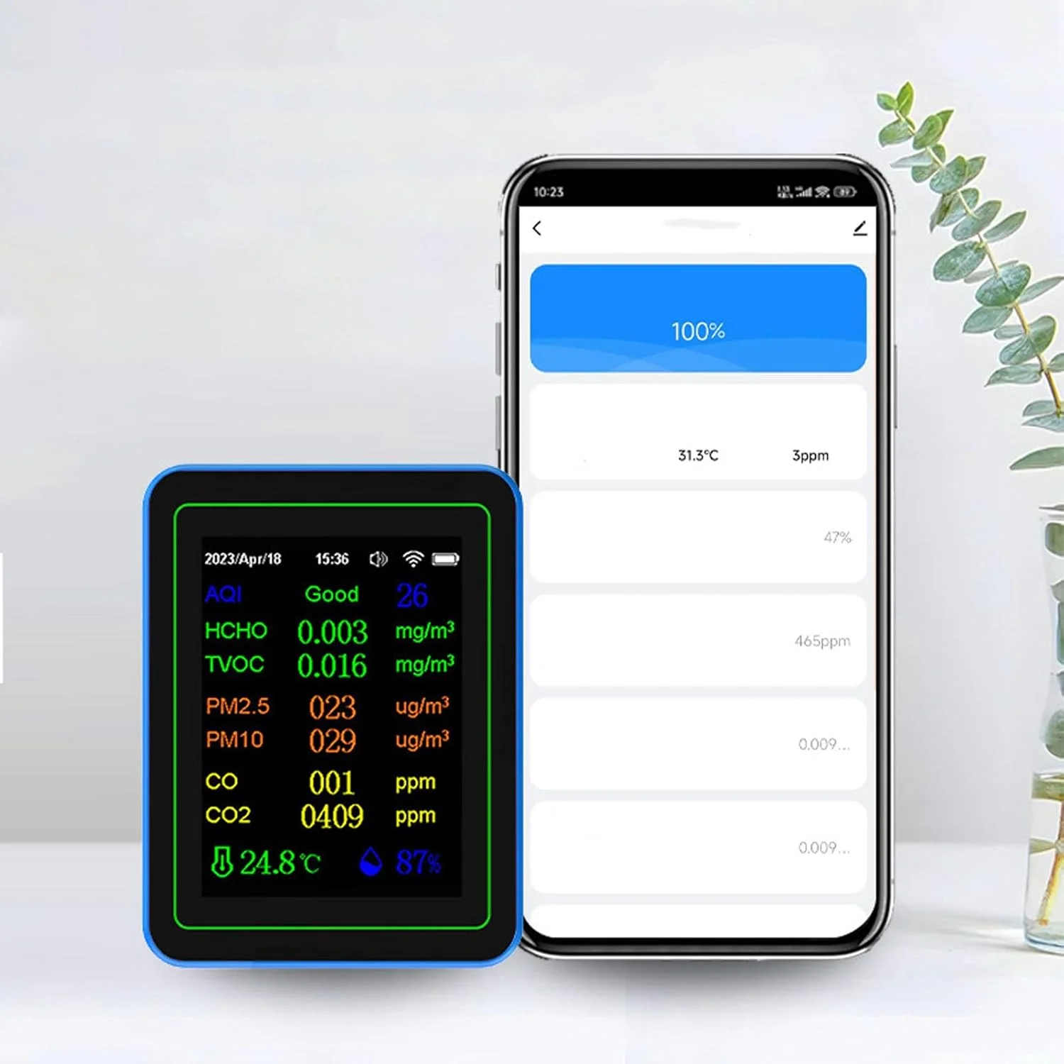 دستگاه سنجش کیفیت 12 در 1 Zhjvihx، تستر کیفیت داخلی با قابلیت اتصال به وای فای و اپلیکیشن، نمایش لحظه ای PM2.5 PM10 CO2 TVOC HCHO دما و رطوبت مناسب برای خانه، دفتر و خودرو (سفید و آبی)