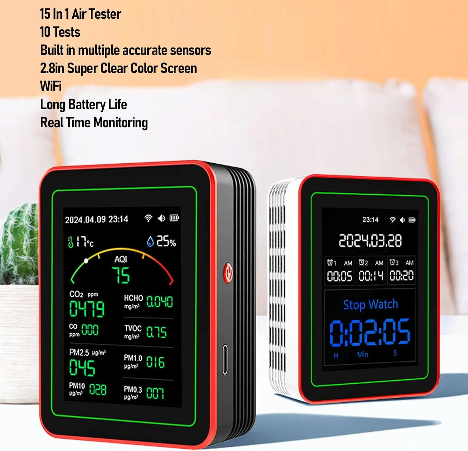 تستر کیفیت Zhjvihx، مانیتور کیفیت صفحه نمایش HD 2.8 اینچی 15 در 1 WIFI قابل حمل با PM0.3 PM1.0 PM2.5 PM10 CO2 HCHO TVOC دما رطوبت برای خانه دفتر کار خودرو (سفید+قرمز) تستر کیفیت Zhjvihx، مانیتور کیفیت صفحه نمایش HD 2.8 اینچی 15 در 1 WIFI قابل حمل با PM0.3 PM1.0 PM2.5 PM10 CO2 HCHO TVOC دما رطوبت برای خانه دفتر کار خودرو (سفید+قرمز)