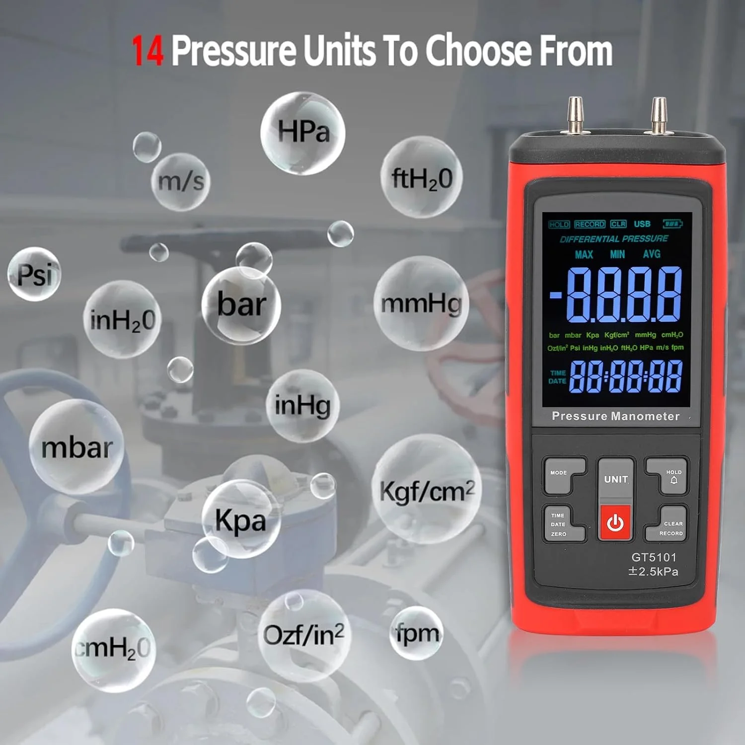 مانومتر دیجیتال Zhjvihx، صفحه نمایش LCD با نور پس زمینه، مانومتر چند منظوره HVAC با وضوح بالا، تستر فشار گاز با ذخیره سازی داده، محدوده جبران دما برای تست آزمایشگاهی