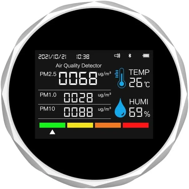 دستگاه سنجش کیفیت هوا ZCBYBT مدل PM2.5 PM10 PM1.0، نمایش دما، رطوبت، تاریخ و زمان، نمایش لحظه‌ای، قابلیت اتصال به تلفن همراه، سفید