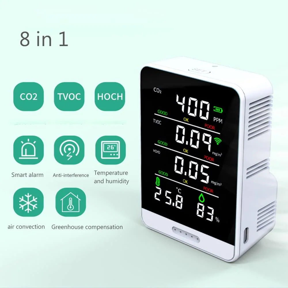 دستگاه سنجش کیفیت هوا ZCBYBT، قابل حمل، TVOC، HCHO، CO2، دما و رطوبت، مناسب برای خانه، دفتر، خودرو، هتل و غیره