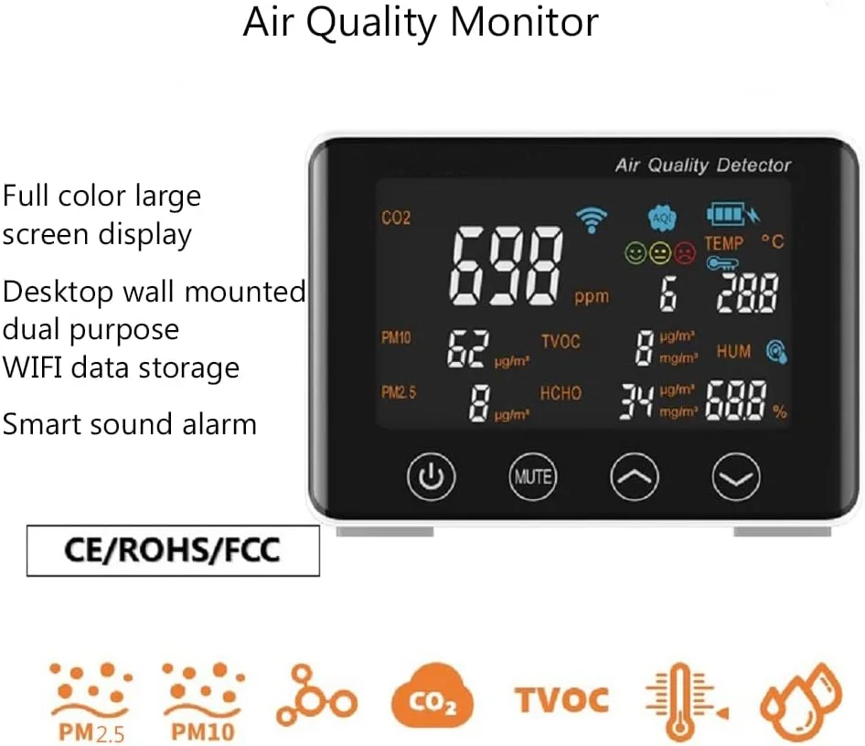 مانیتور هوشمند کیفیت هوا ZCBYBT، سنجش CO2، PM2.5/PM10، فرمالدهید، TVOC، دما، رطوبت و شاخص کیفیت هوا، قابلیت ذخیره سازی داده ها