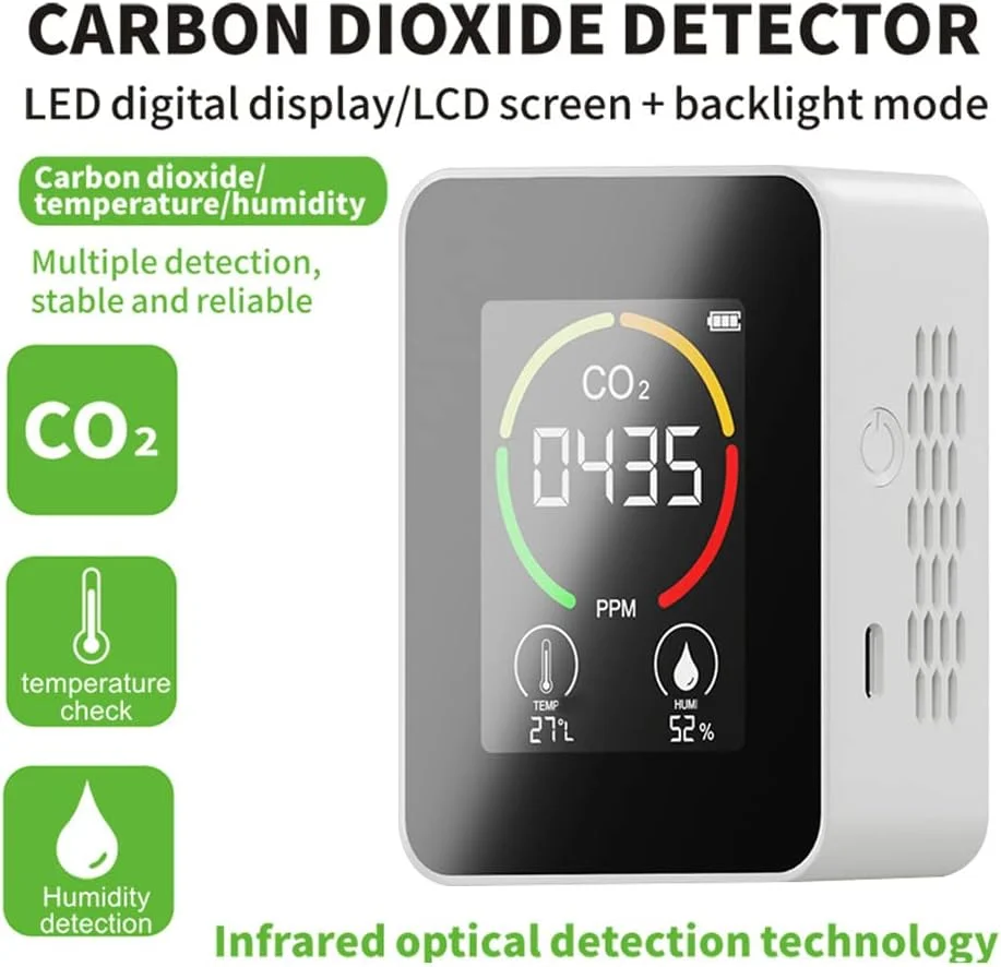 مانیتور کیفیت هوا ZCBYBT، نمایشگر لحظه ای دما و رطوبت CO2، باتری قابل شارژ، بدون نیاز به کالیبراسیون، مناسب برای خانه، دفتر، ماشین، باشگاه، مشکی