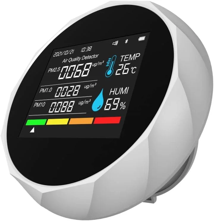 ZCBYBT تشخیص PM2.5 PM1.0 PM10 دما و رطوبت، نمایش تاریخ و زمان، قابلیت اتصال به تلفن همراه، سفید