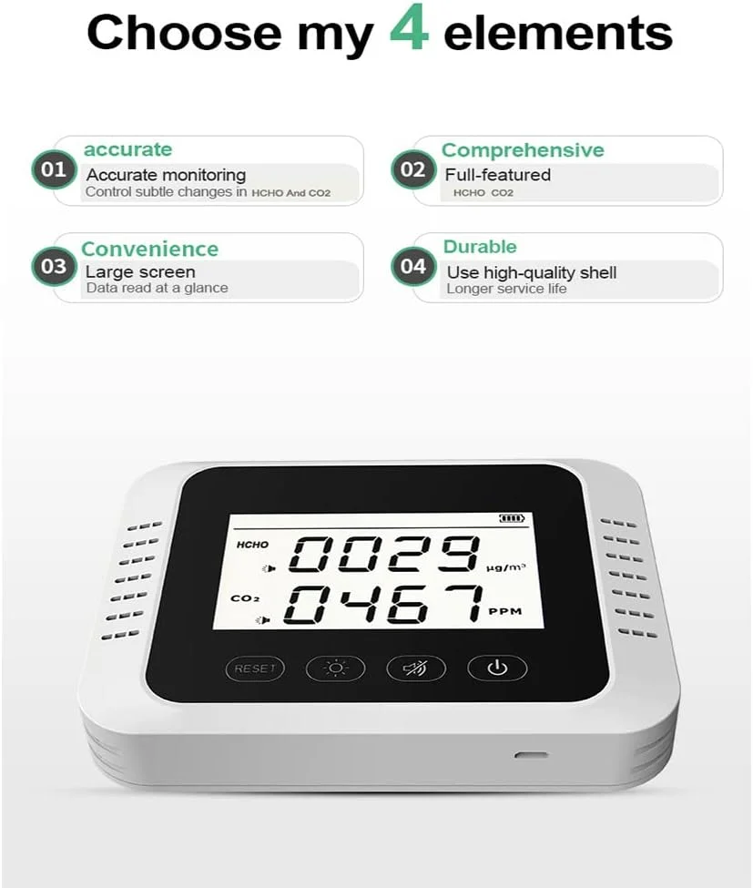 دستگاه سنجش کیفیت هوا ZCBYBT، ردیاب دی اکسید کربن، مانیتور CO2، فرمالدهید متر برای باشگاه ها، دفاتر، کلاس های درس، خانه و خودرو