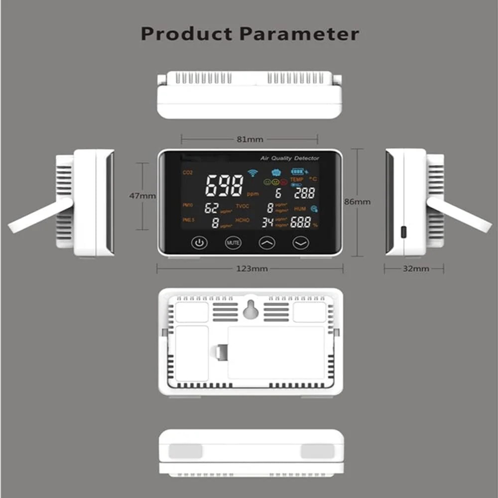 تستر کیفیت هوا ZCBYBT دی اکسید کربن CO2 PM2.5/PM10 فرمالدئید دما رطوبت TVOC برای خانه، دفتر، ماشین، باشگاه