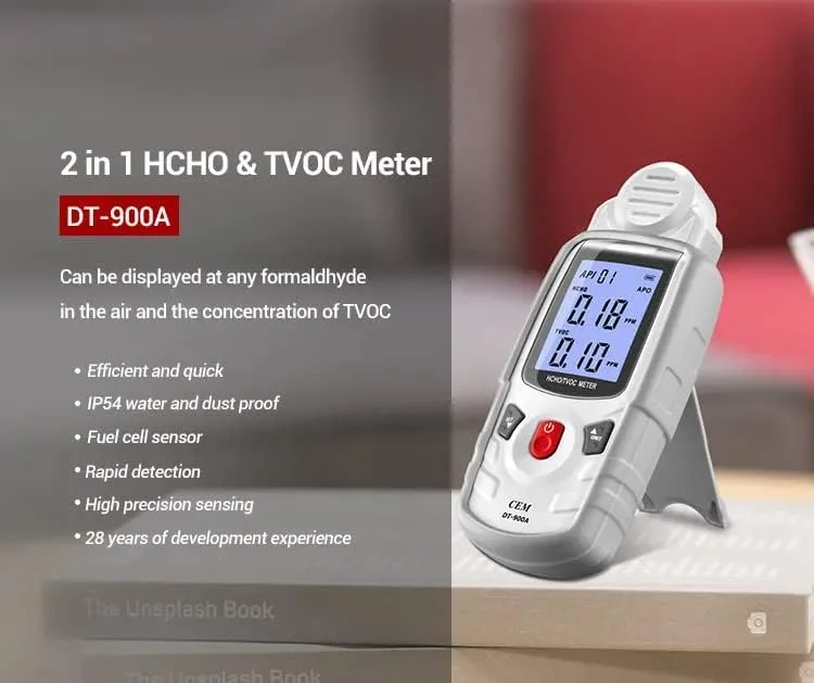 دستگاه سنجش فرمالدهید HCHO و TVOC مدل DT-900A یوکیو تایم (YuqiaoTime) توسط CEM، نمایشگر لحظه ای آلودگی هوا، مناسب برای خانه، اتاق، مبلمان، اسباب بازی و اماکن عمومی