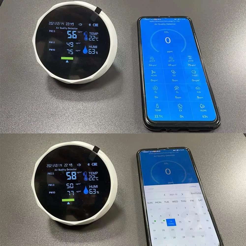 ZCBYBT PM2.5 PM1.0 PM10 تشخیص دما و رطوبت، نمایش تاریخ و زمان، قابل اتصال به تلفن های همراه، مشکی