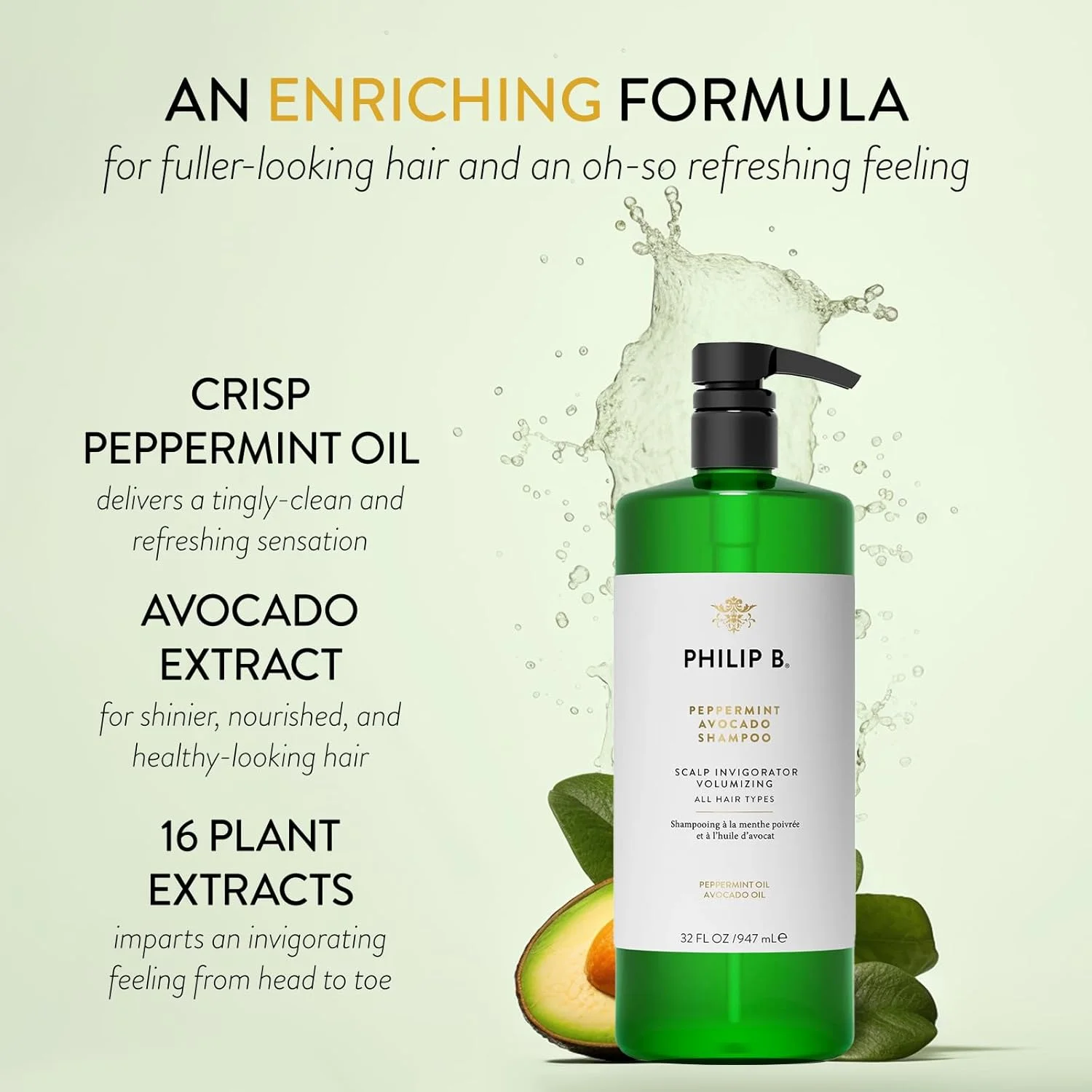 شامپو نعناع و آووکادو فیلیپ بی (حجم دهنده و احیا کننده پوست سر - مناسب انواع مو) 947 میلی لیتر