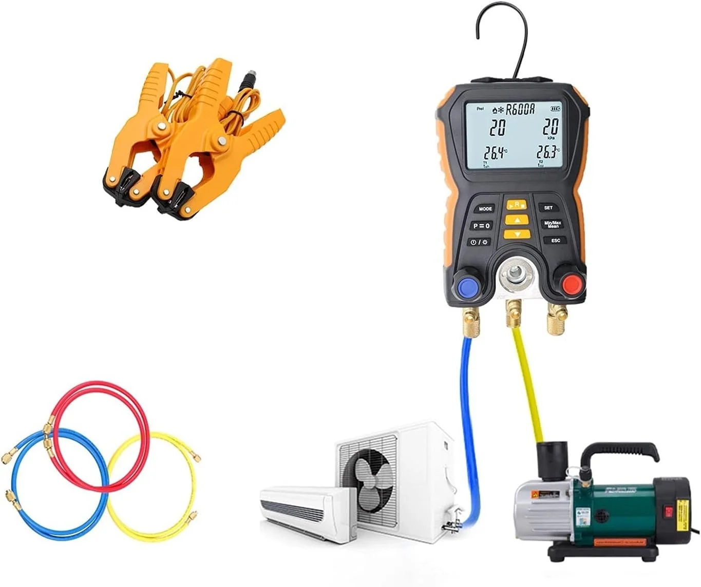 ابزار مانیفولد الکترونیکی XYHIPO HT-750، گیج فشار دیجیتال خلاء تهویه مطبوع به همراه فلومتر، محدوده اندازه گیری 0.1~5 (MPa)، مورد استفاده برای تبرید تهویه مطبوع ابزار مانیفولد الکترونیکی XYHIPO HT-750، گیج فشار دیجیتال خلاء تهویه مطبوع به همراه فلومتر، محدوده اندازه گیری 0.1~5 (MPa)، مورد استفاده برای تبرید تهویه مطبوع