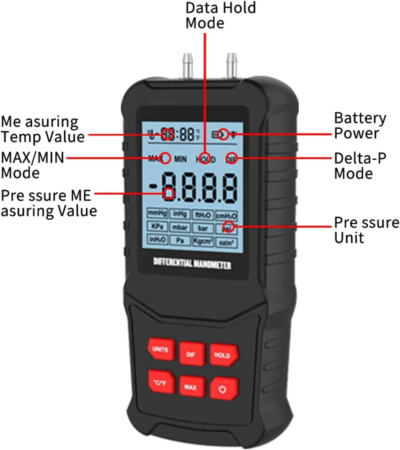 مانومتر دیجیتال XHTLLO، فشارسنج HVAC با دقت بالا 20.68Kpa، تستر فشار گاز، خاموش شدن خودکار، مانومتر گاز دستی، برای سیستم تهویه مطبوع