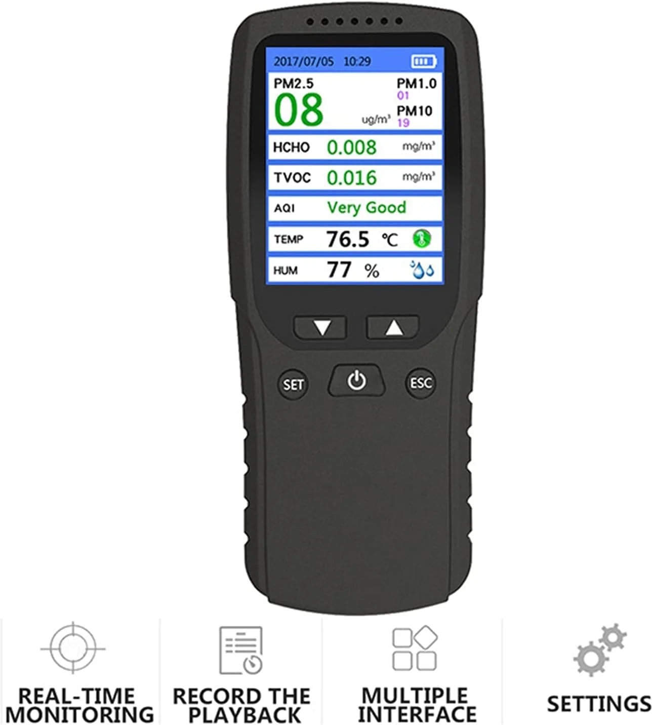 دستگاه تشخیص گاز WRQzxcv خانگی، داخلی، با دقت بالا برای تشخیص دود، گرد و غبار، فرمالدئید، کیفیت هوا، آلارم با صدای بلند و صفحه نمایش دیجیتال LCD