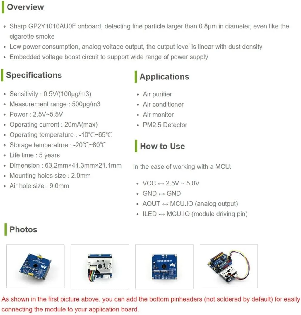 ماژول تشخیص سنسور گرد و غبار Waveshare با Sharp GP2Y1010AU0F برای اندازه گیری PM2.5 تصفیه کننده هوا، مانیتور تهویه مطبوع، پشتیبانی از آردوینو