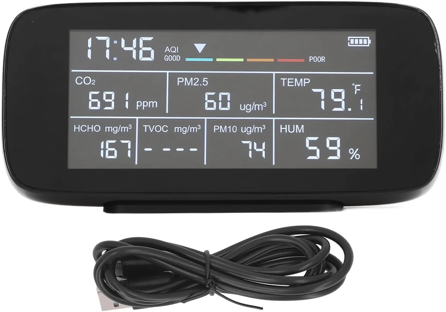 دستگاه سنجش کیفیت هوا Vomeko، مانیتور کیفیت هوا PM2.5 PM10 CO2 TVOC دما رطوبت نمایش زمان تستر هوای چند منظوره داخلی دستگاه سنجش کیفیت هوا Vomeko، مانیتور کیفیت هوا PM2.5 PM10 CO2 TVOC دما رطوبت نمایش زمان تستر هوای چند منظوره داخلی