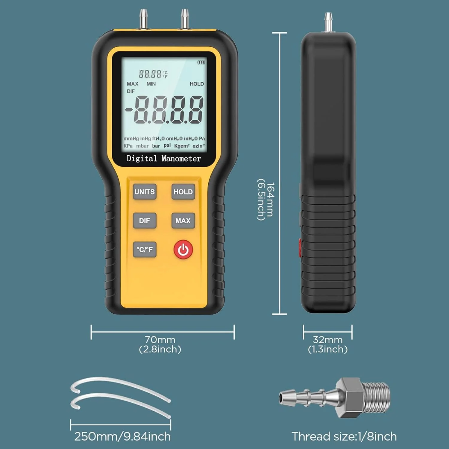مانومتر WapoRich، فشارسنج هوای حرفه ای، مانومتر دو پورت، تستر فشار گاز، 12 واحد قابل انتخاب، گیج فشار دیفرانسیل HVAC (شامل باتری)