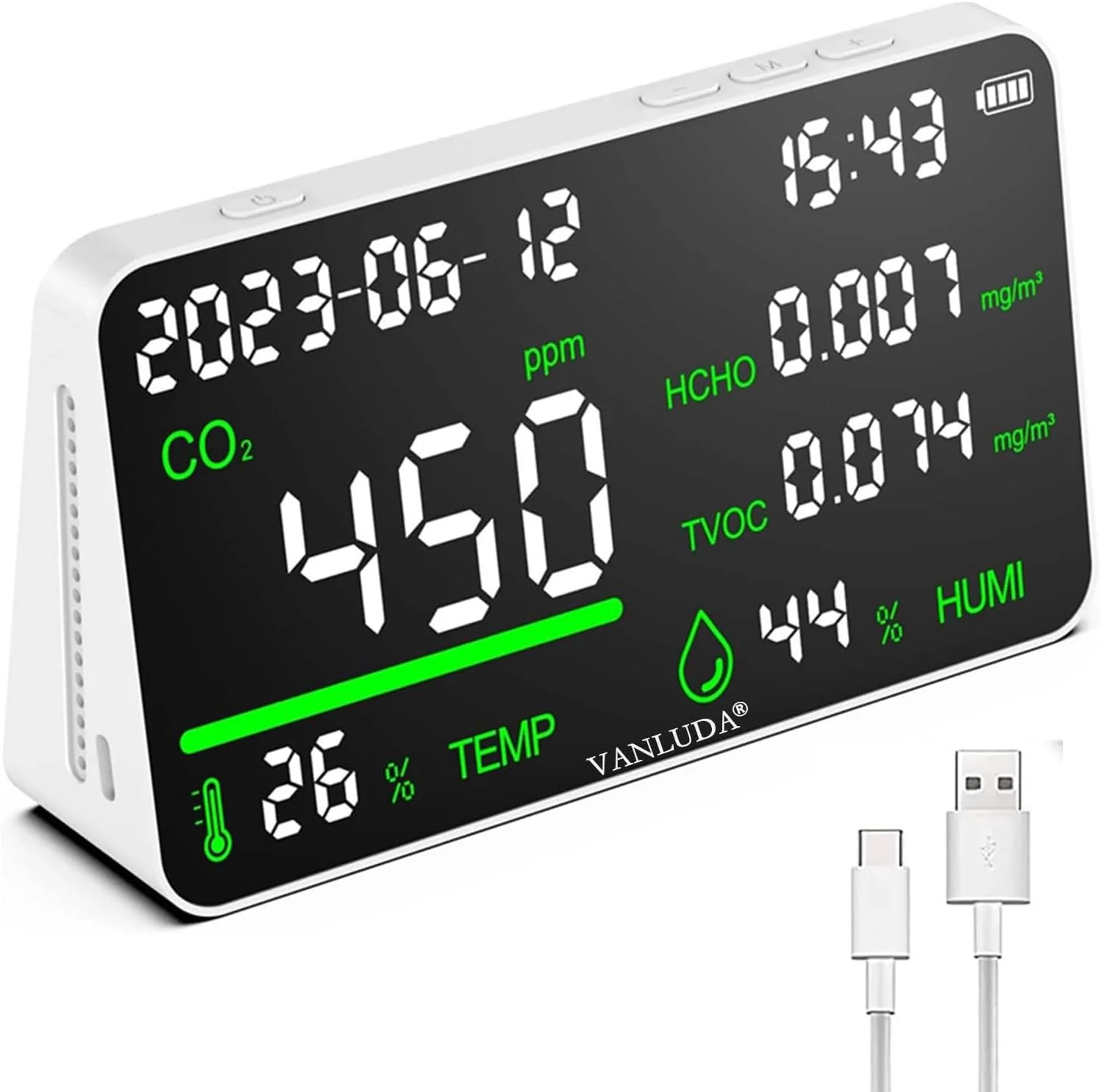 دستگاه سنجش کیفیت هوای 7 در 1 حرفه ای VANLUDA، مانیتور قابل حمل CO2، دما، ردیاب فرمالدئید، رطوبت TVOC، تستر کیفیت هوا - تستر کیفیت هوا برای فضای محدود دستگاه سنجش کیفیت هوای 7 در 1 حرفه ای VANLUDA، مانیتور قابل حمل CO2، دما، ردیاب فرمالدئید، رطوبت TVOC، تستر کیفیت هوا - تستر کیفیت هوا برای فضای محدود