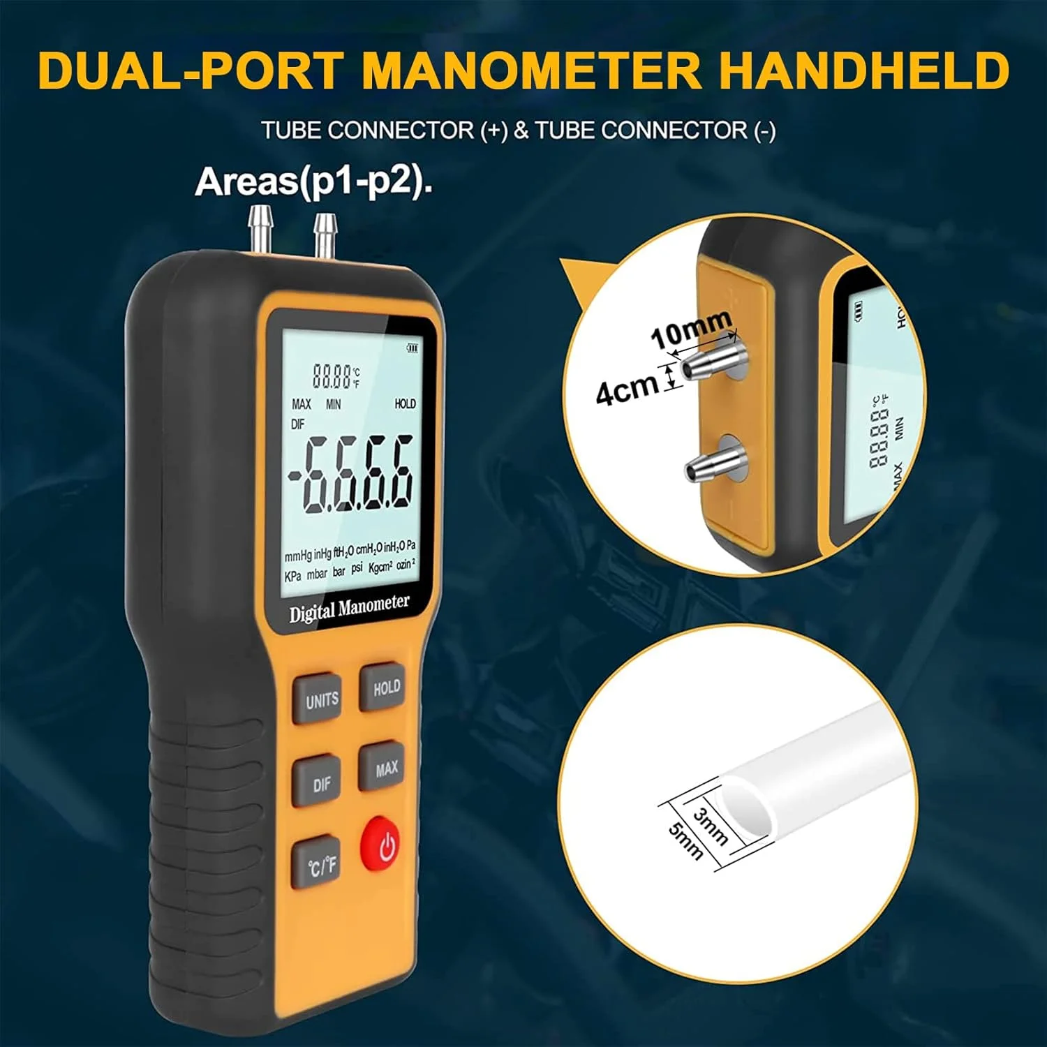 مانومتر WapoRich، فشارسنج هوای حرفه ای، مانومتر دو پورت، تستر فشار گاز، 12 واحد قابل انتخاب، گیج فشار دیفرانسیل HVAC (شامل باتری)