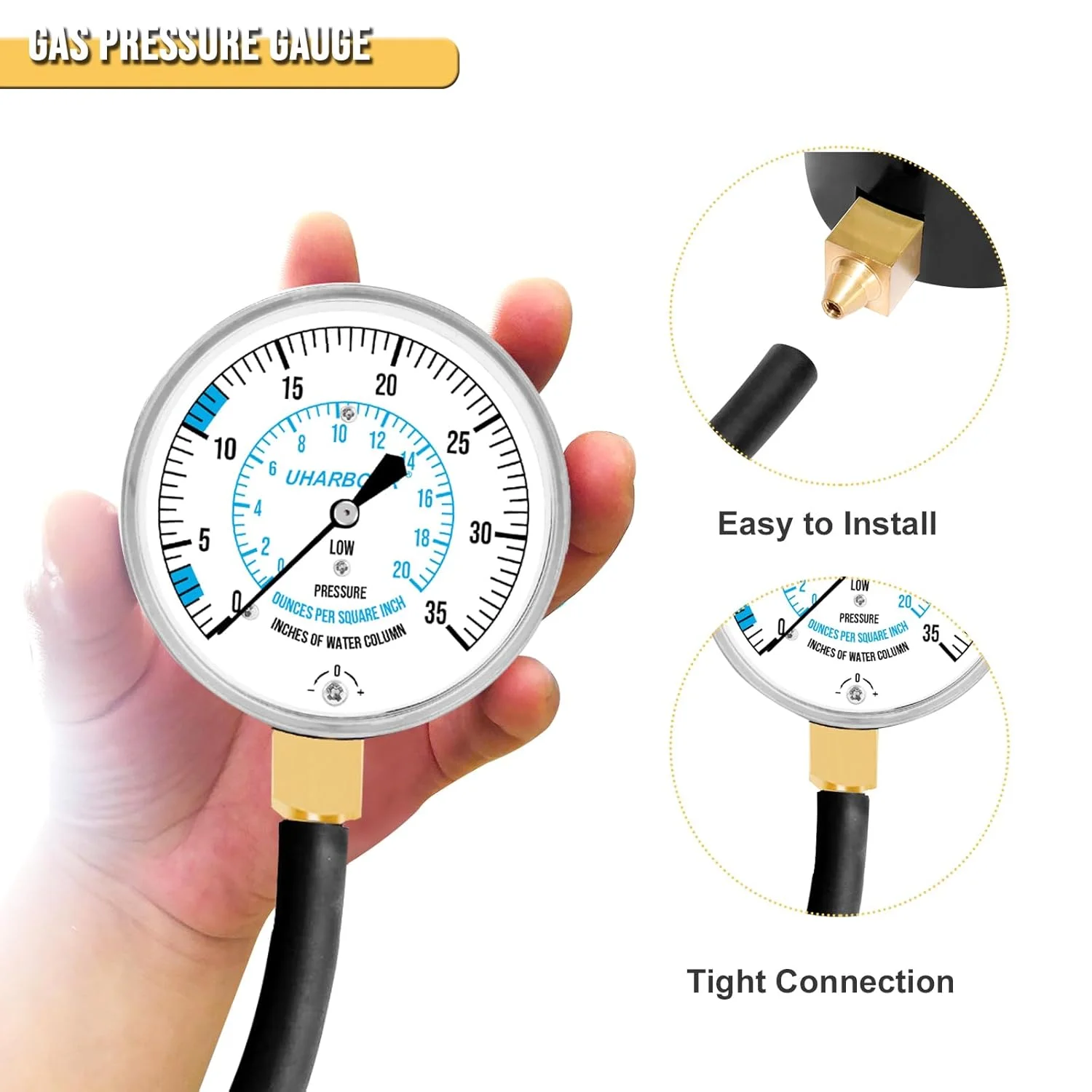 فشارسنج گاز UHARBOUR، گیج تست فشار گاز LP فشارسنج 0-35 اینچ W.C، اتصالات 1/8 اینچ NPT با اتصال خاردار، شلنگ 40 اینچی