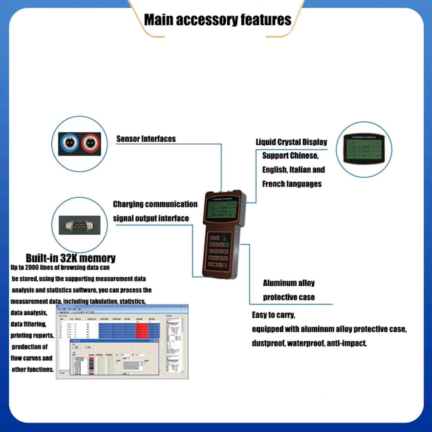 فلومتر التراسونیک شلنگ باغ، فلومتر مایع التراسونیک دیجیتال قابل حمل با محدوده اندازه گیری مبدل استاندارد برای خواندن و استفاده، با زمان کار طولانی، پروب متوسط