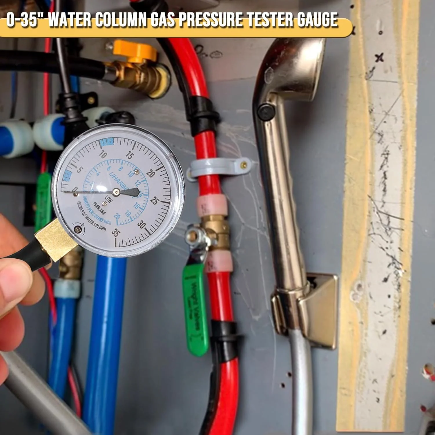 فشارسنج گاز UHARBOUR، تست کننده فشار گاز 0-35 اینچ ستون آب، اتصالات 1/4 اینچ NPT با اتصال میله ای، شلنگ 40 اینچی