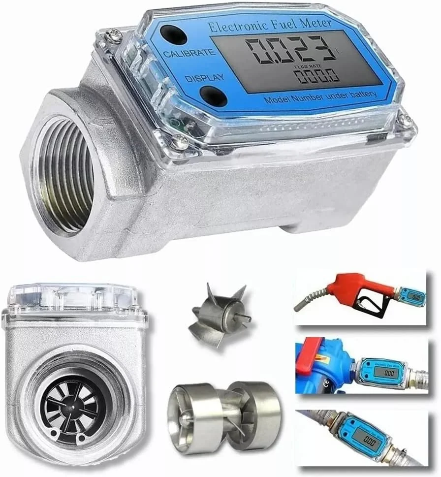 فلومتر دیجیتال توربینی 1 اینچی LCD با دقت ±1% و محدوده 10-100 لیتر در دقیقه برای گازوئیل، بنزین، نفت سفید، آب و غیره از HELEMIY