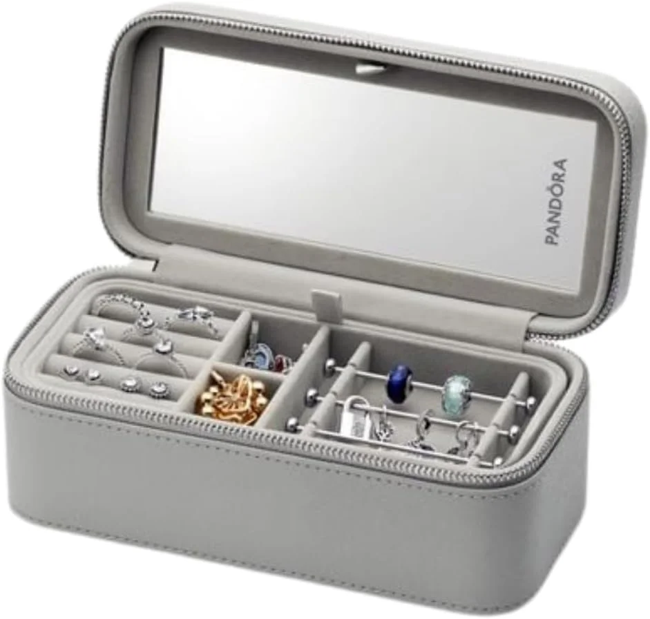 جعبه جواهرات زنانه پاندورا، جعبه اصلی جواهرات برای زنان و دختران، جعبه جواهرات مسافرتی خاکستری (200 x 101 x 85 میلی متر) به همراه کیف محافظ نخی (A012_Bag)
