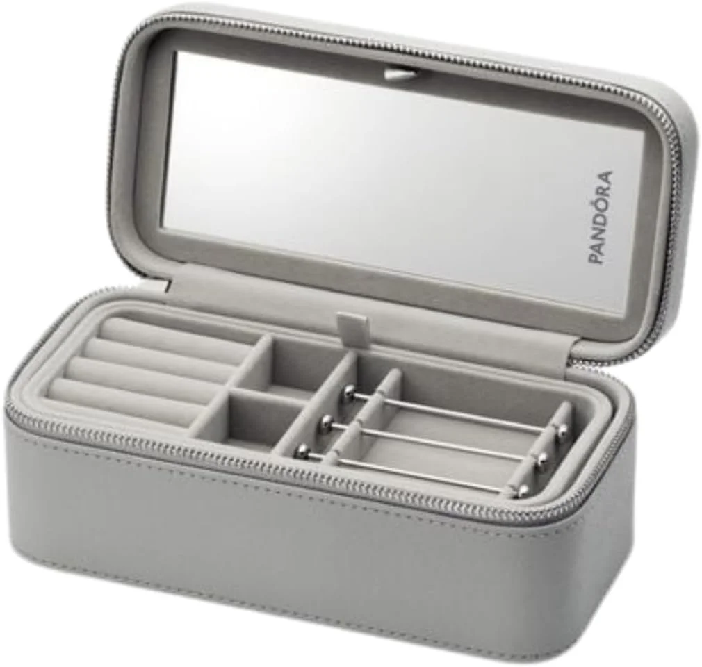 جعبه جواهرات زنانه پاندورا، جعبه اصلی جواهرات برای زنان و دختران، جعبه جواهرات مسافرتی خاکستری (200 x 101 x 85 میلی متر) به همراه کیف محافظ نخی (A012_Bag)