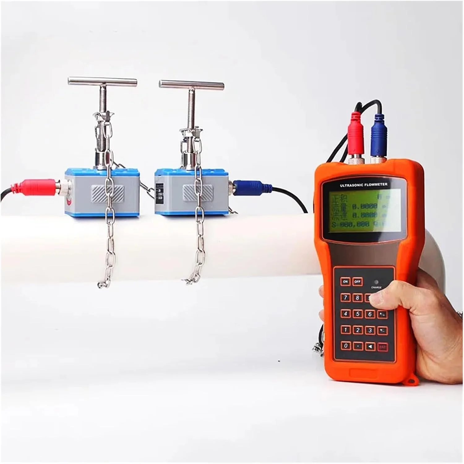 فلومتر آب، TUF-2000H مقیاس التدفق الرقمي بالموجات فوق الصوتية مقياس الجريان بالموجات فوق الصوتية المحمولة مع محول TM-1 DN50-700mm نطاق درجة الحرارة -30-90 درجة مئوية