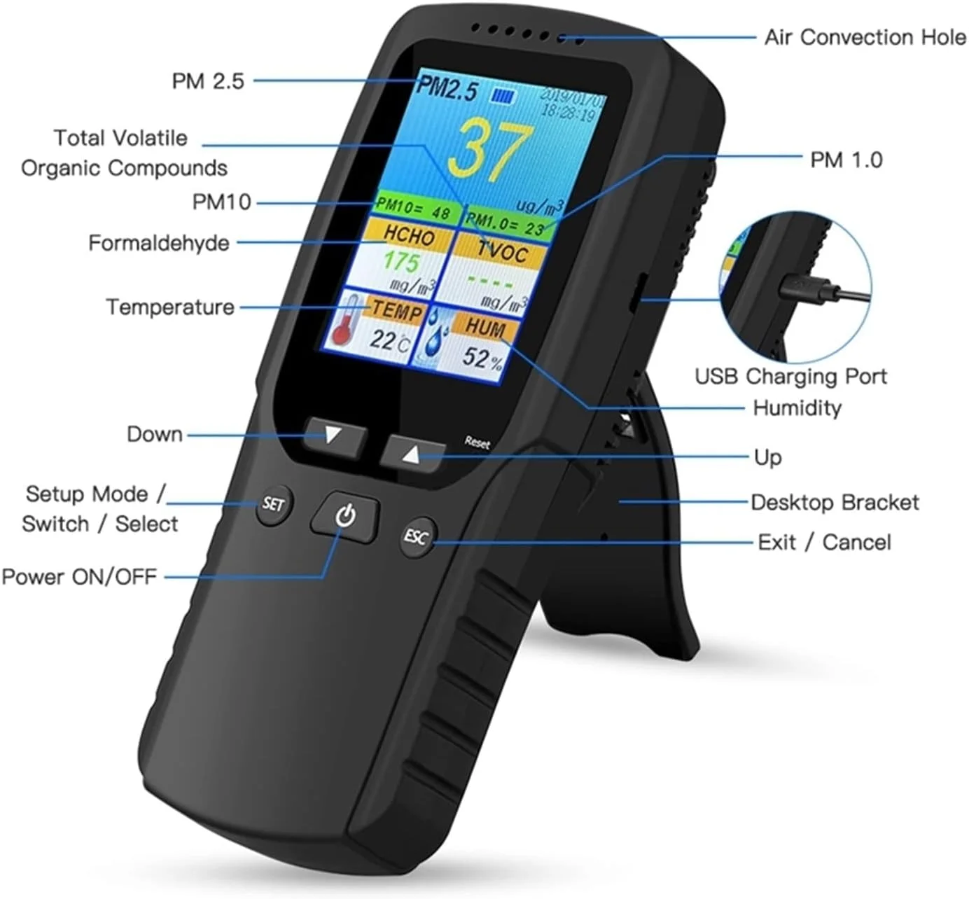 صفحه نمایش کیفیت هوا TTGLRT مدل 9 در 1 مناسب برای داخل و خارج از منزل، سنجش PM2.5، PM1.0، PM10، HCHO، دتکتور، تستر، سنسور دما و رطوبت