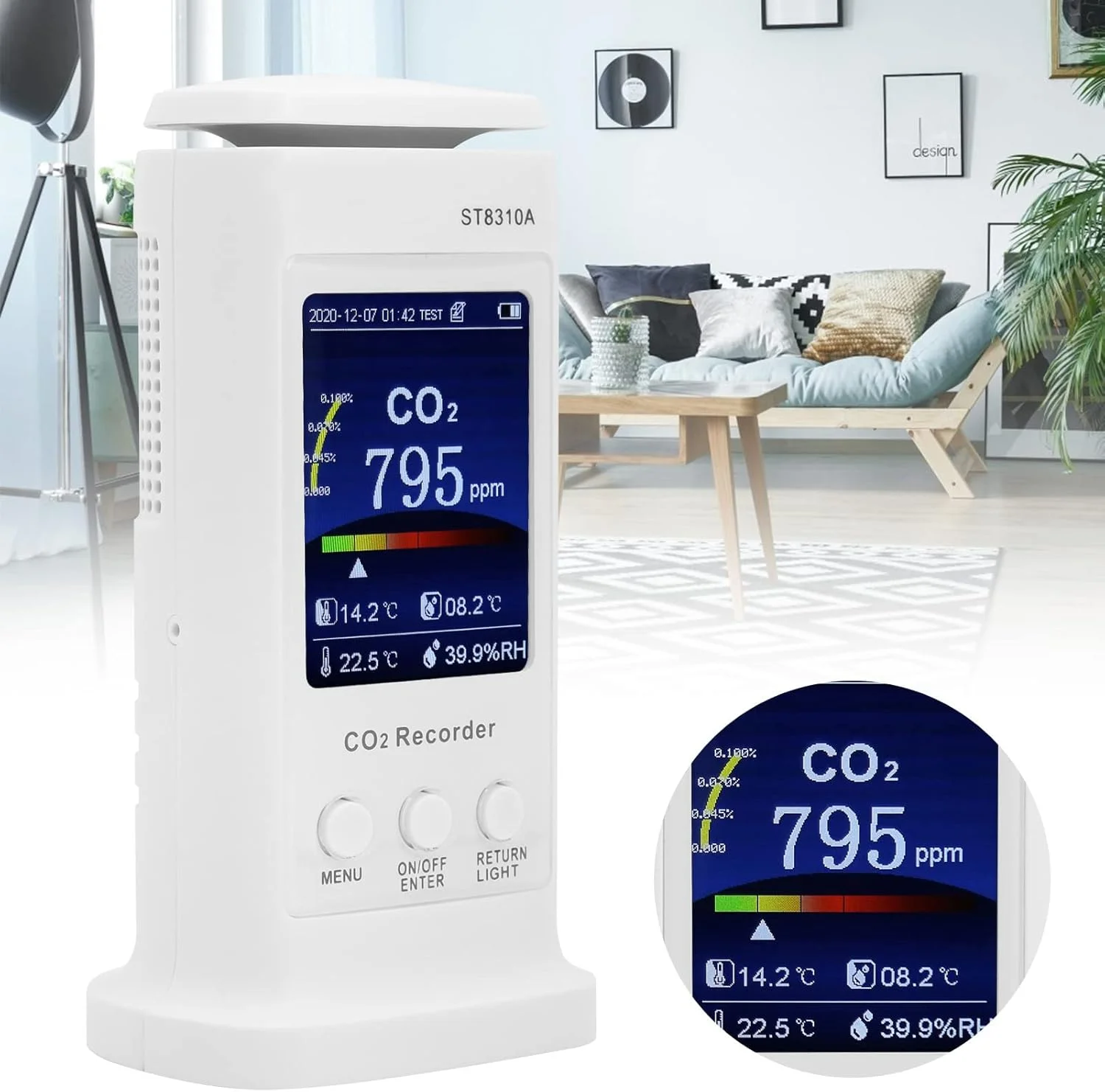 صفحه نمایش دی اکسید کربن TTGLRT، ردیاب کیفیت هوا با دوام برای دما، مناسب فضای باز، منزل و رطوبت