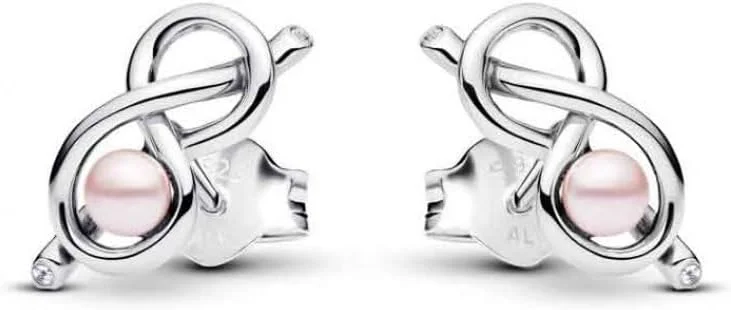 گوشواره های میخی نقره استرلینگ طرح گره بی نهایت با مروارید مصنوعی لاک صورتی و زیرکونیا مکعبی شفاف