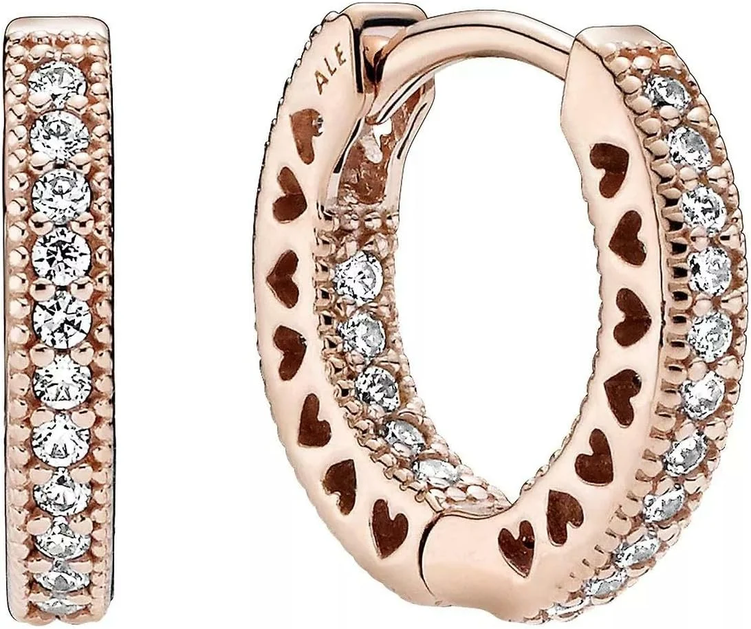 گوشواره های حلقه ای قلب نگین دار پاندورا سیگنیچر، روکش طلای رزگلد 14 عیار، با زیرکونیاهای کوبیک درخشان و قلب های برش خورده